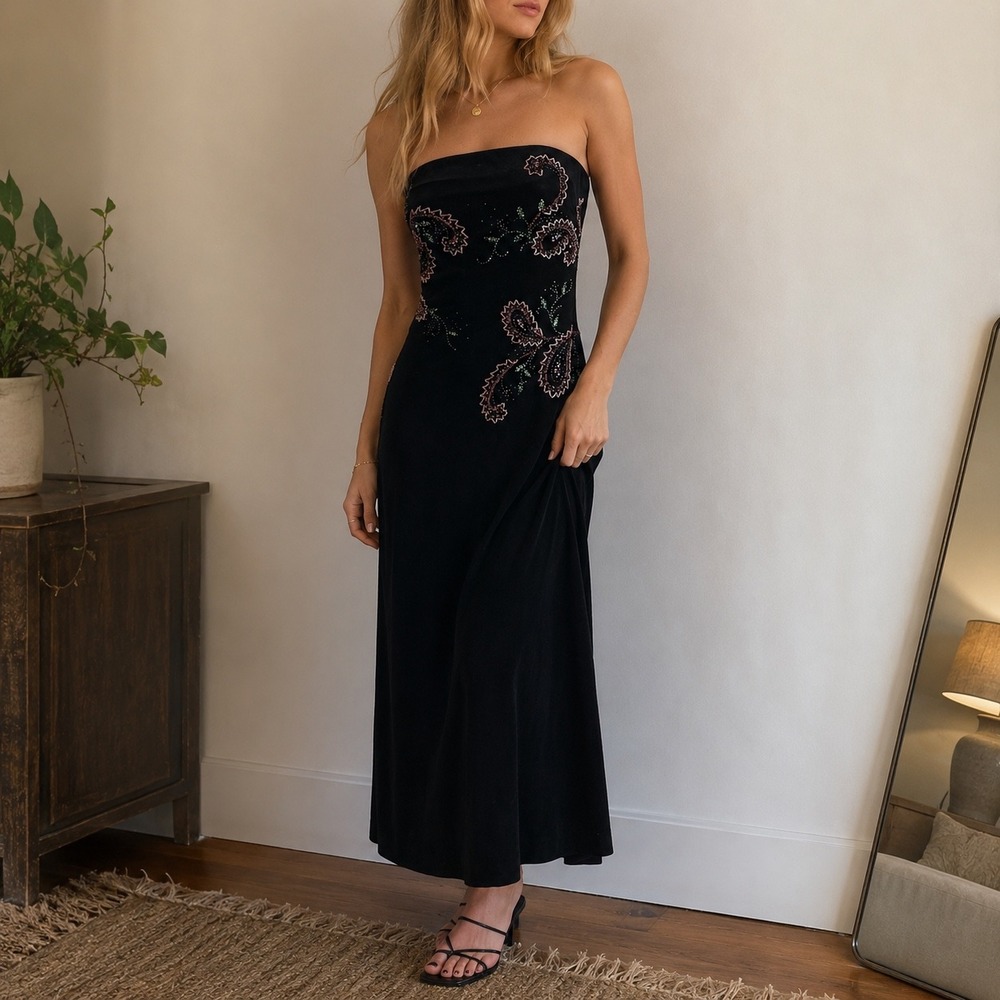 Vintqge 90s Rimini Black Beaded Strapless Velvet Maxi Dress 10P Goth Whimsigoth